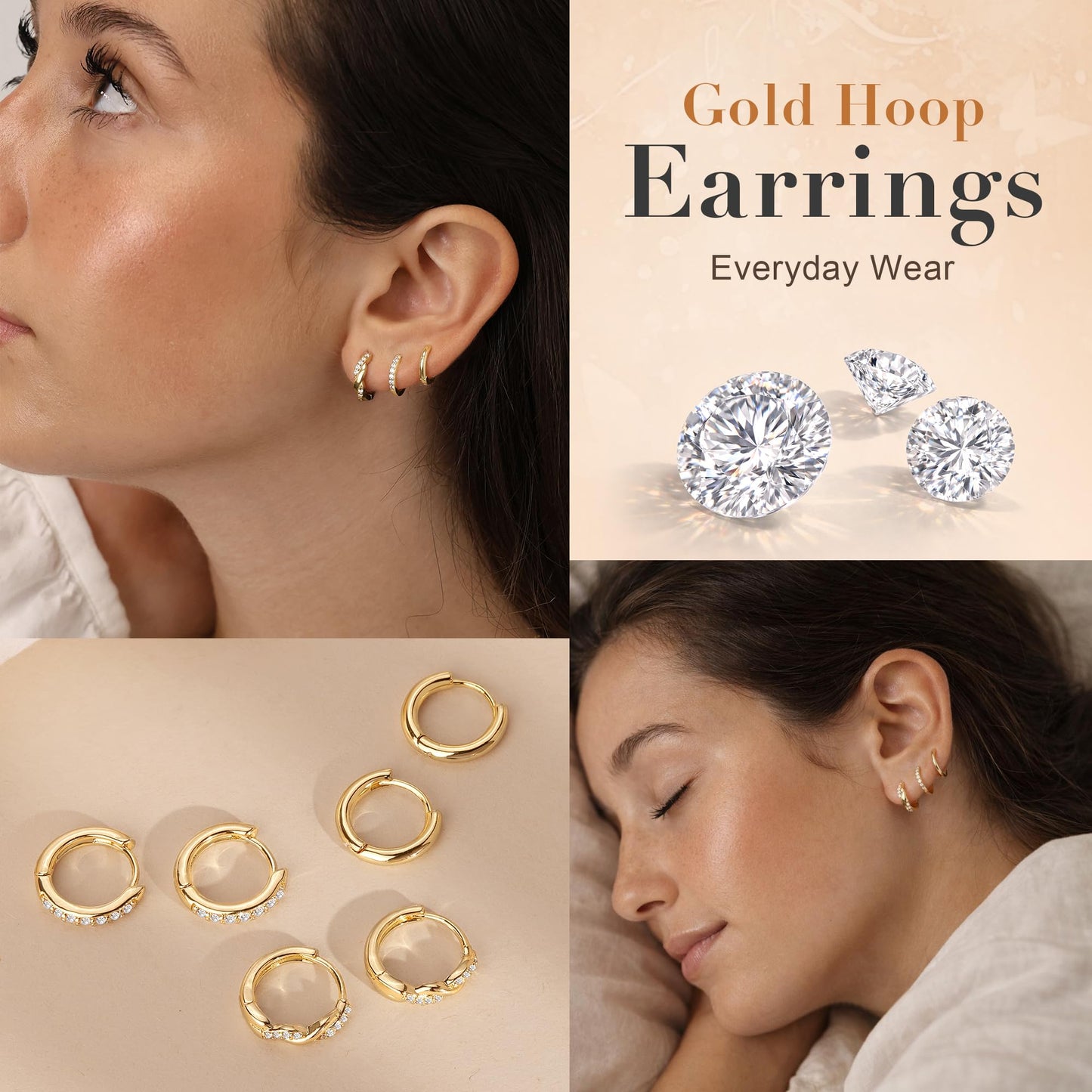 Inerney 14K Gold Plated Huggie Hoop Earrings for Women, Small Sterling Silver Earring Set Hypoallergenic Cartilage Helix Stacks, Mini Dainty Cute Trendy Birthstone Jewelry Gift for Multiple Piercings