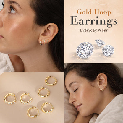 Inerney 14K Gold Plated Huggie Hoop Earrings for Women, Small Sterling Silver Earring Set Hypoallergenic Cartilage Helix Stacks, Mini Dainty Cute Trendy Birthstone Jewelry Gift for Multiple Piercings