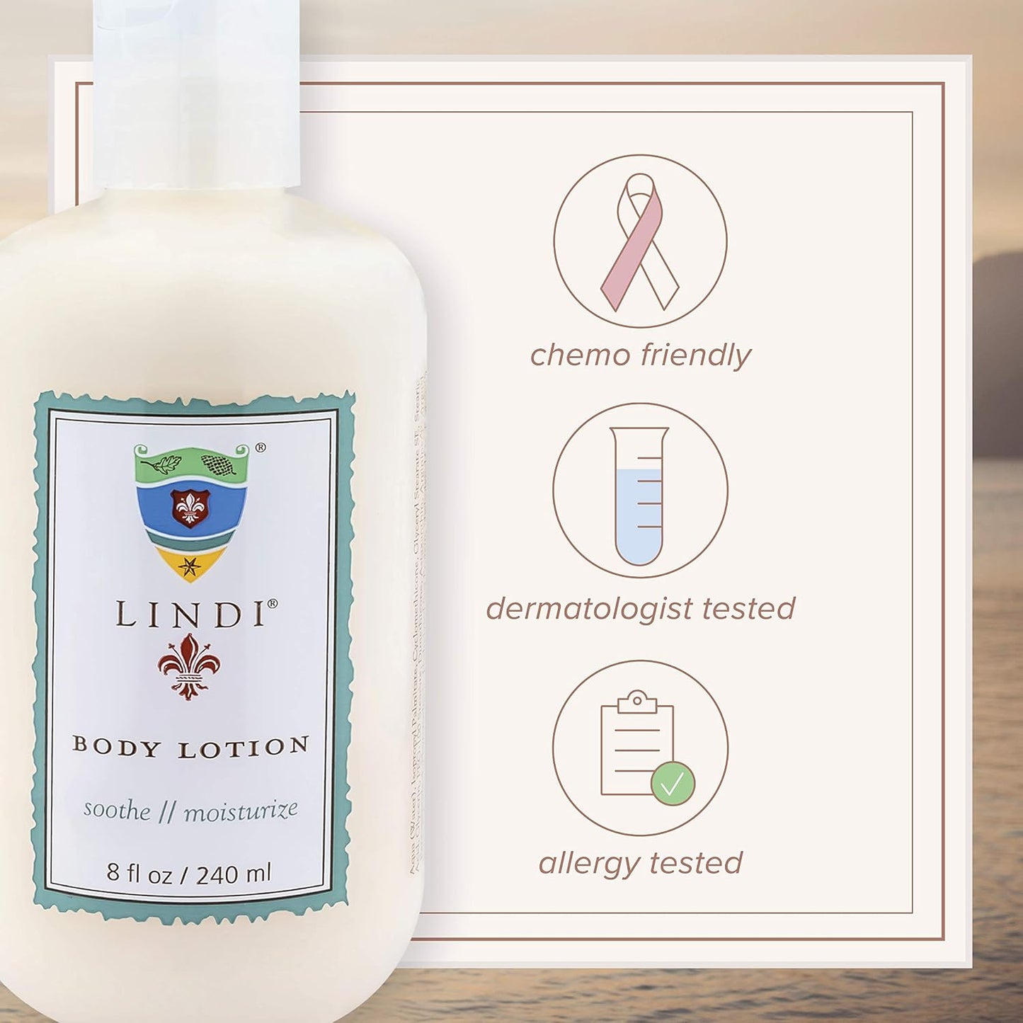 Lindi Skin Body Lotion — Luxurious Lotion for Sensitive, Reactive & Compromised Skin · Rare Botanicals, Antioxidant-Rich, Hypoallergenic · The Original Lotion for Cancer Patients Since 2003. 8 fl oz