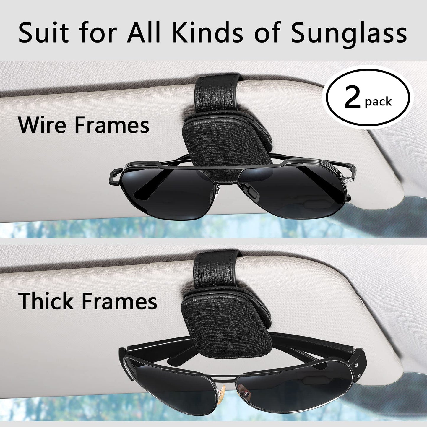 2 Packs Sunglasses Holder for Car Visor, Genuine Leather Car Sunglass Holder, Glasses Clip for Cars,Auto Interior Accessories Universal for SUV Pickup Truck (Black-(2 Pcs)