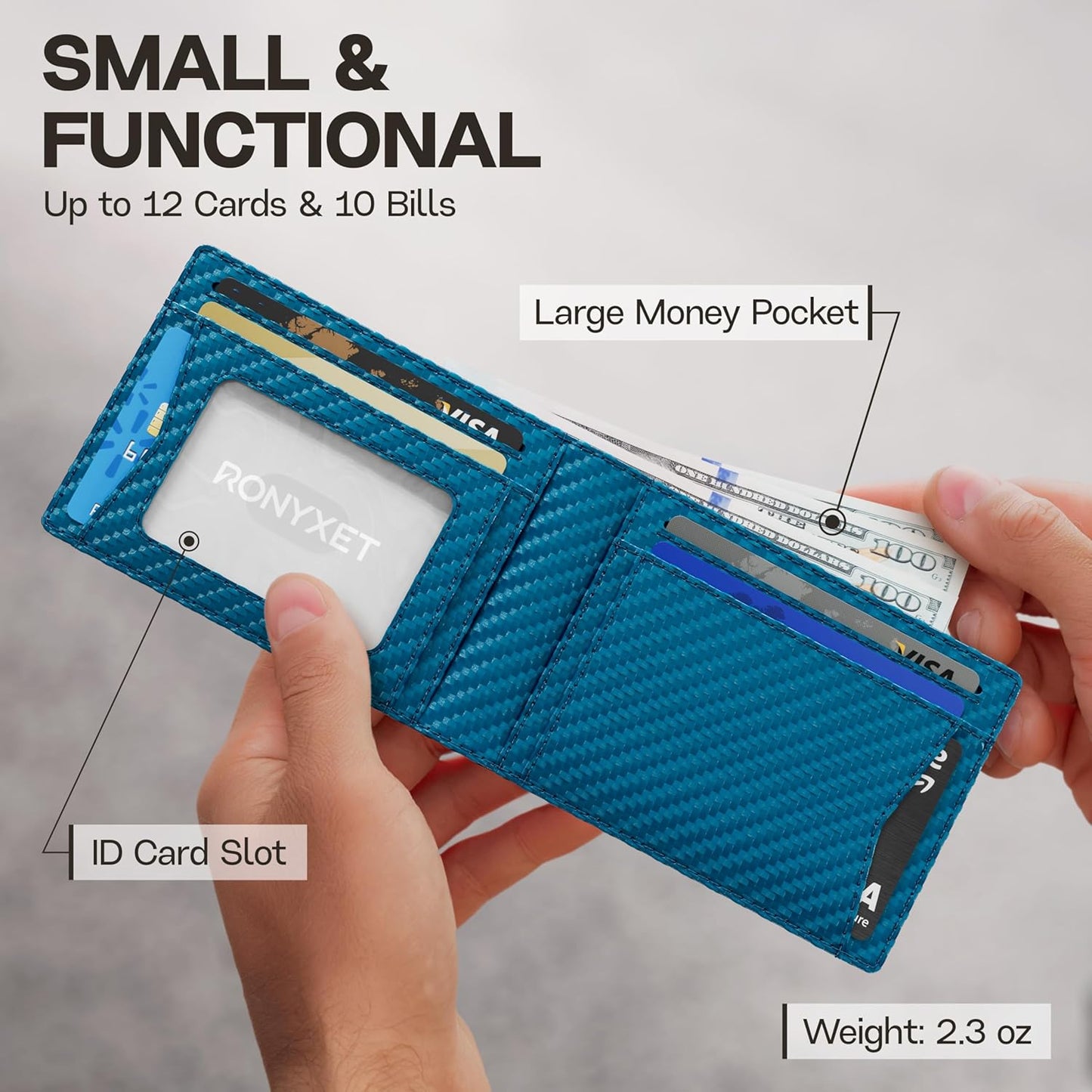 Schlankes RFID-Portemonnaie für Herren – Minimalistisches Portemonnaie für Männer mit Geldklammer, fasst 12 Karten – Langlebiges Leder-Carbonfaser-Herrenportemonnaie – Perfektes Geschenk für Männer (Geldklammer, schwarzes Carbon)