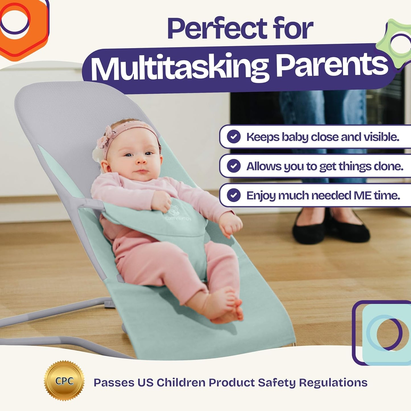 ComfyBumpy Ergonomische Babywippe – Inklusive Reise-Tragetasche – Sichere, tragbare Wippe mit verstellbarer Höhe – Babywippe, perfekt für Neugeborene (Grau)