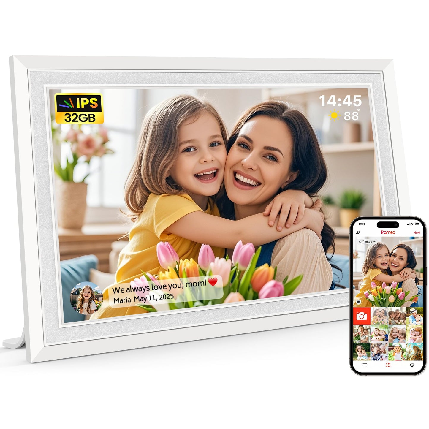 Frameo 10.1 Inch WiFi Digital Picture Frame, Smart Cloud Electronic Photo Frame with HD IPS Touch Screen Slideshow 32GB Memory Auto-Rotate Wall Mount, Share Photos/Videos from Phone - Gifts for Mom