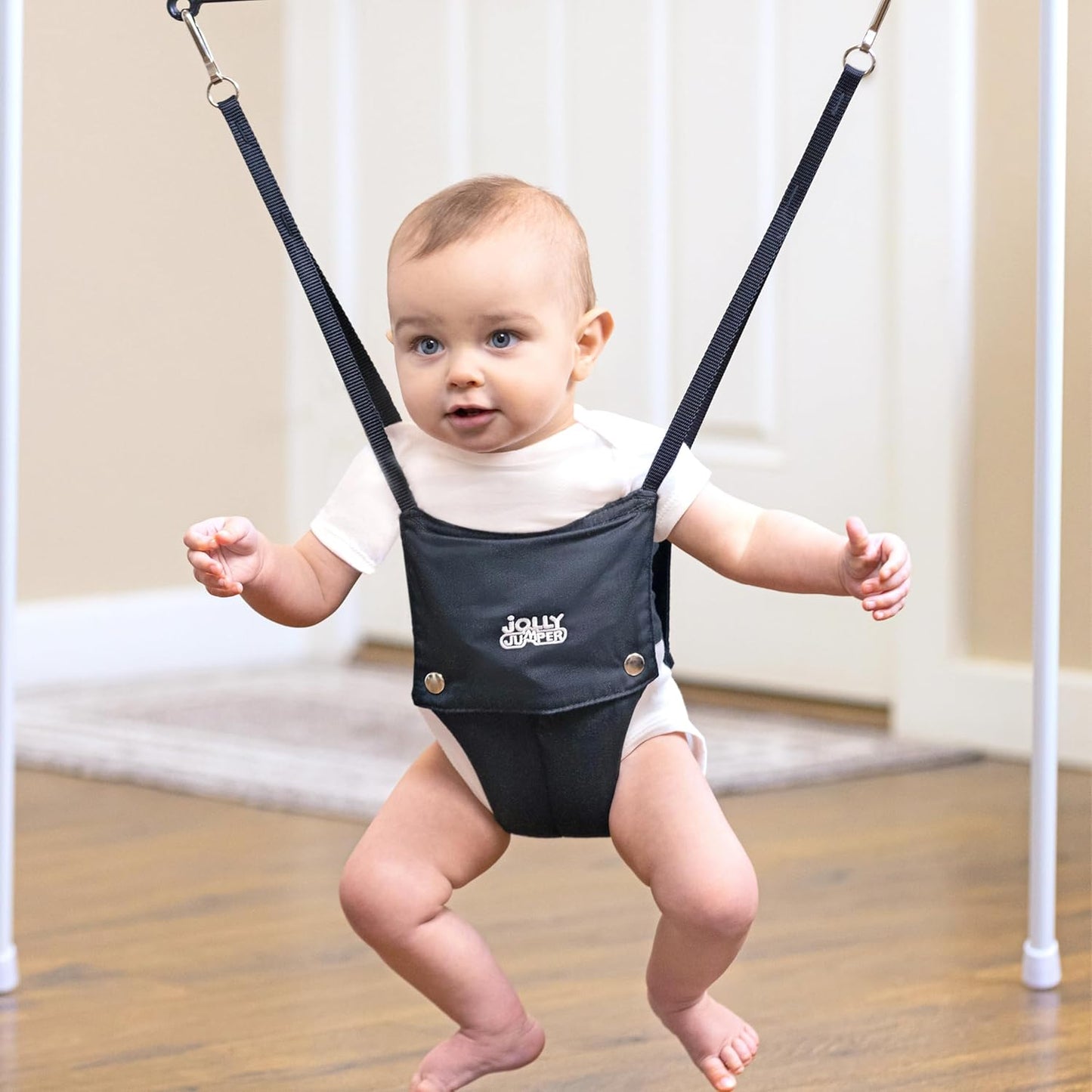 Jolly Jumper CLASSIC (Schwarz) mit Ständer - ORIGINAL Baby Jumper, Indoor- und Outdoor-Trainingssattelsitz, Höhenverstellbar, für Säuglinge bis 12,7 kg