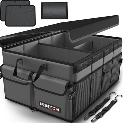 FORTEM Car Trunk Organizer, Collapsible Multi Compartment Car Organizer, Foldable SUV Storage for Car Accessories for Women Men, Non Slip Bottom, Securing Straps, Soft Cover 50L (Black, Standard)