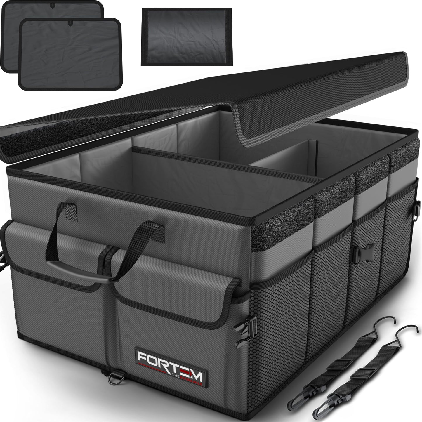 FORTEM Car Trunk Organizer, Collapsible Multi Compartment Car Organizer, Foldable SUV Storage for Car Accessories for Women Men, Non Slip Bottom, Securing Straps, Soft Cover 50L (Black, Standard)