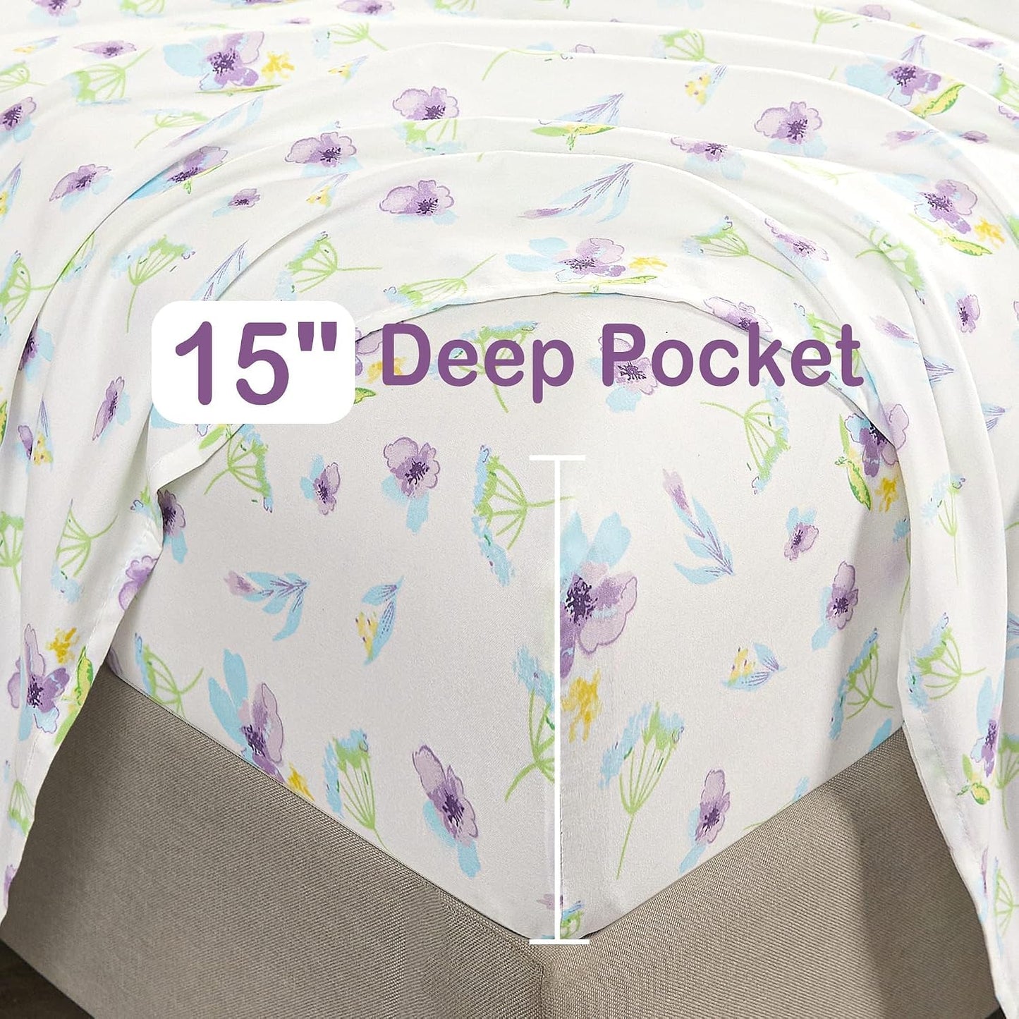 Floral Sheets Queen Printed Bed Sheets Queen Size - 4 Piece Soft Microfiber Blue Dandelion Patterned Fitted Sheets with 15" Deep Pocket