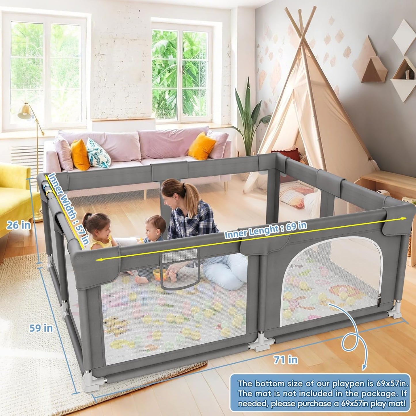 Palopalo Baby Laufgitter, 180x150cm Extra Großer Laufstall für Babys und Kleinkinder, Baby-Aktivitätszentrum mit 8 Saugnapfbasen, Baby-Laufstall mit Tür und weichem, atmungsaktivem Netz, Ohne Matte