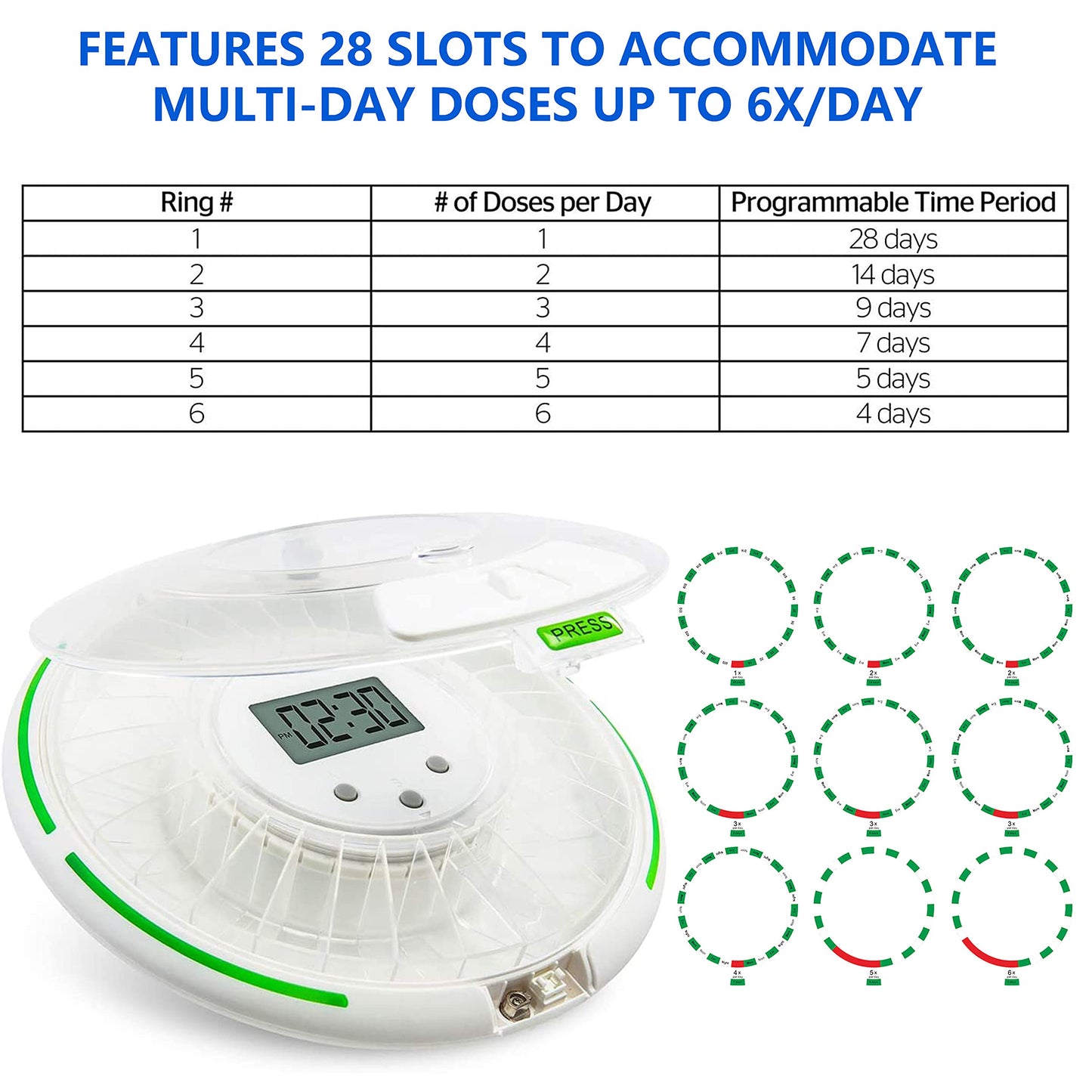 Automatic Pill Dispenser with Flashing Light, Sound, Alarm and Safety Lock, 28-Day Electronic Medication Organizer – Dispense Vitamins and Tablets Up 6 Times/Day – Easy Read Display (Frosted)