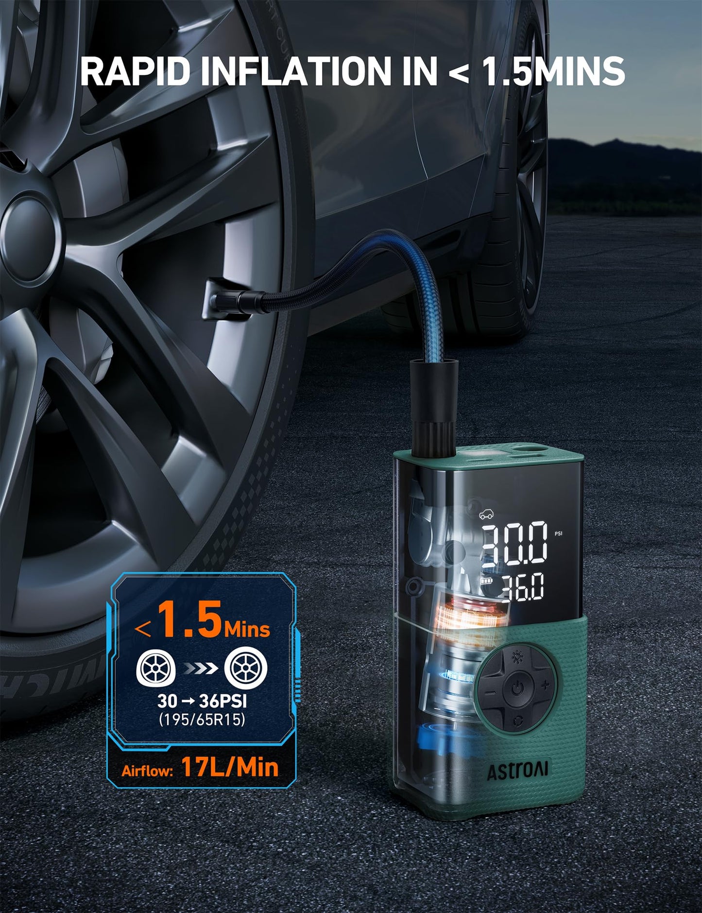 AstroAI L7 Tire Inflator Portable Air Compressor,150 PSI Cordless Mini Air Bike Auto Shut-Off Pump with Digital Display Pressure Gauge, Fast Inflation & LED Light for Car Tires,Motorcycles,Bikes,Balls