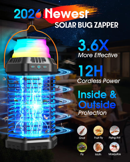 Solar Bug Zapper Outdoor & Indoor, 4500V Ultra-Effective Mosquito Zapper, 6000mAh Rechargeable Insect Zapper, Foldable 2-in-1 Light, IP66 Waterproof for Patio, Camping, Bedroom, Kitchen