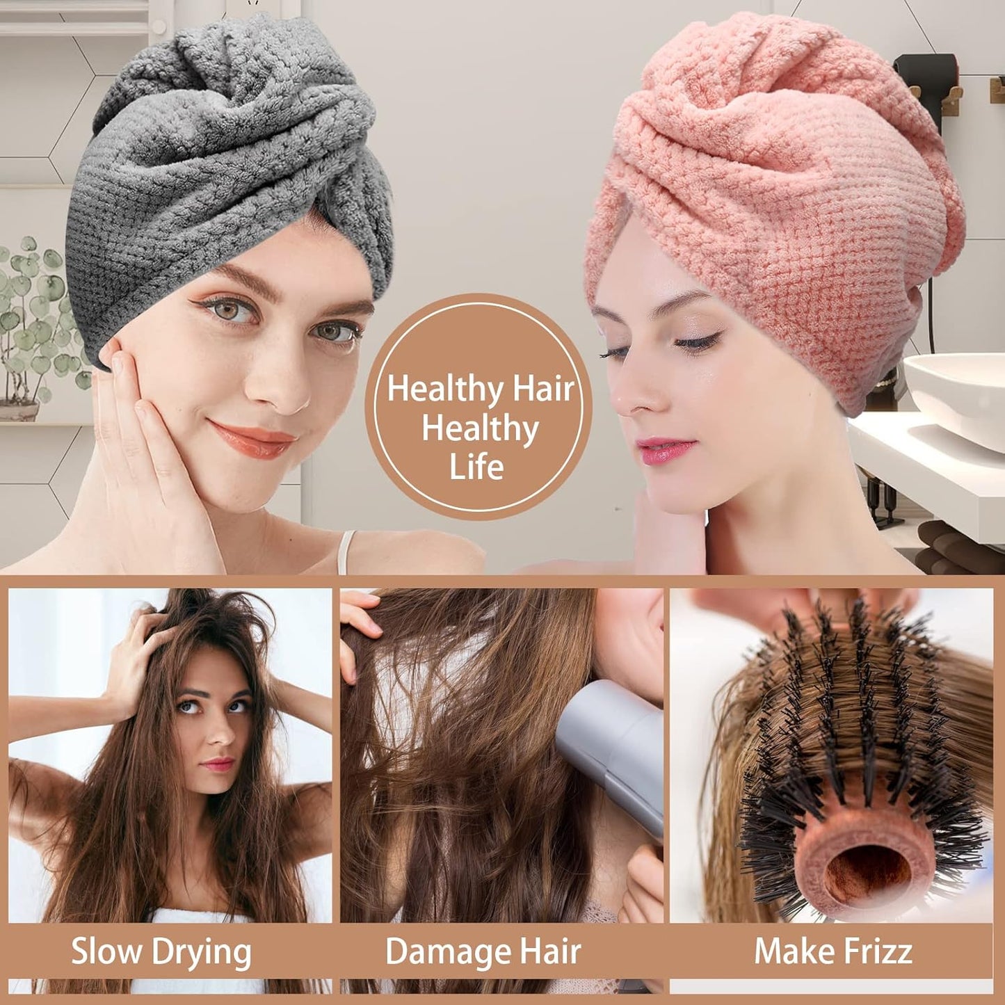 3er-Pack Mikrofaser-Haartuch, Haarturbane für nasse Haare, schnell trocknend, Anti-Frizz-Handtuchwickel für lockiges Haar (Beige, Khaki, Grau)