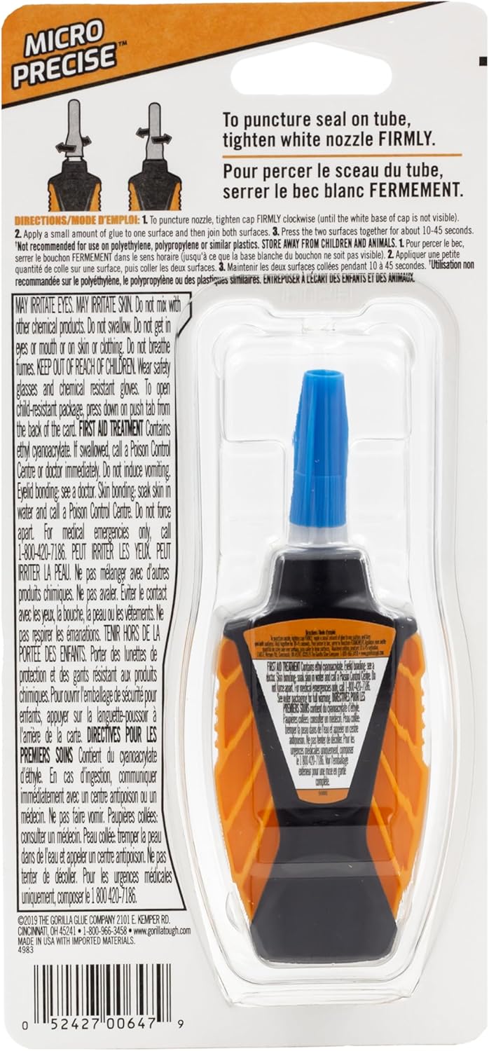 Gorilla Micro Präzisions Sekundenkleber, Schnell trocknend, Cyanacrylat, Präziser Applikator, Anti-Verstopfungs-Kappe, Transparent, 5g, 1 Stück