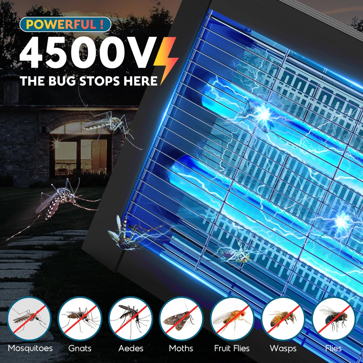 Solar Bug Zapper Outdoor, Waterproof Mosquito Zapper Outdoor Solar Powered, 4500V Electric Bug Zapper Indoor w/Smart Light Sensor, Mosquito Trap Fly Zapper for Patio Kitchen Garage Yard Camping
