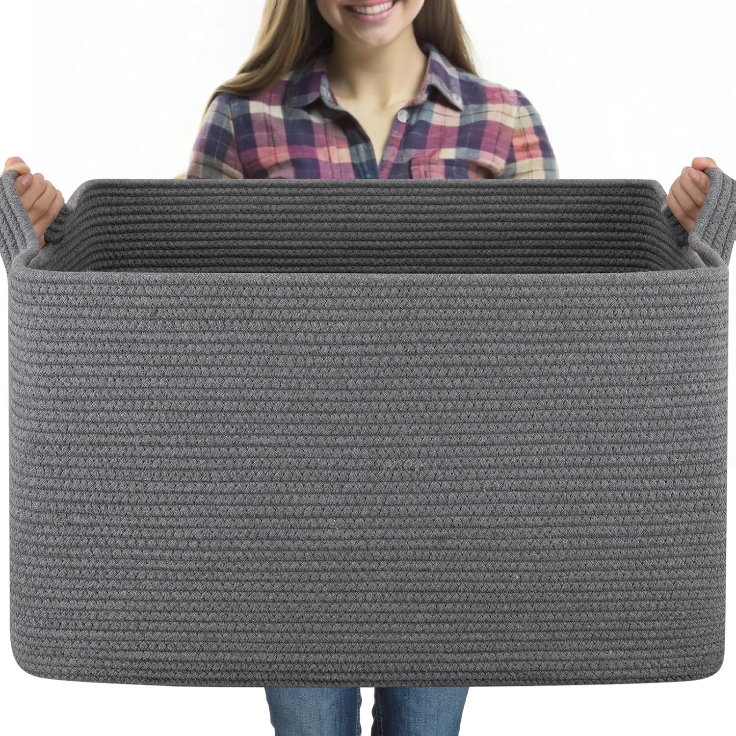 OIASKET 95L Extra Large Blanket Basket, 24" x 16.9" x 14.2" Woven Storage Basket for Living Room, Nursery Blanket Storage for Toys, Towels, Dirty Clothes (Grey)