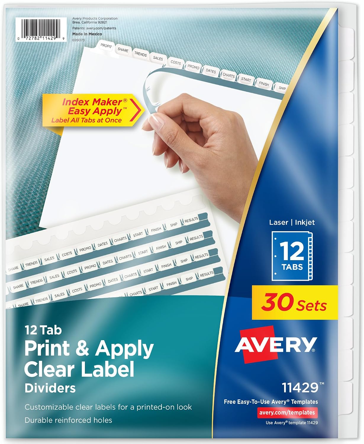 Avery 12-Tab Binder Dividers, Easy Print & Apply Clear Label Strip, Index Maker, White Tabs, 30 Sets Total (6 Packs of 11429)