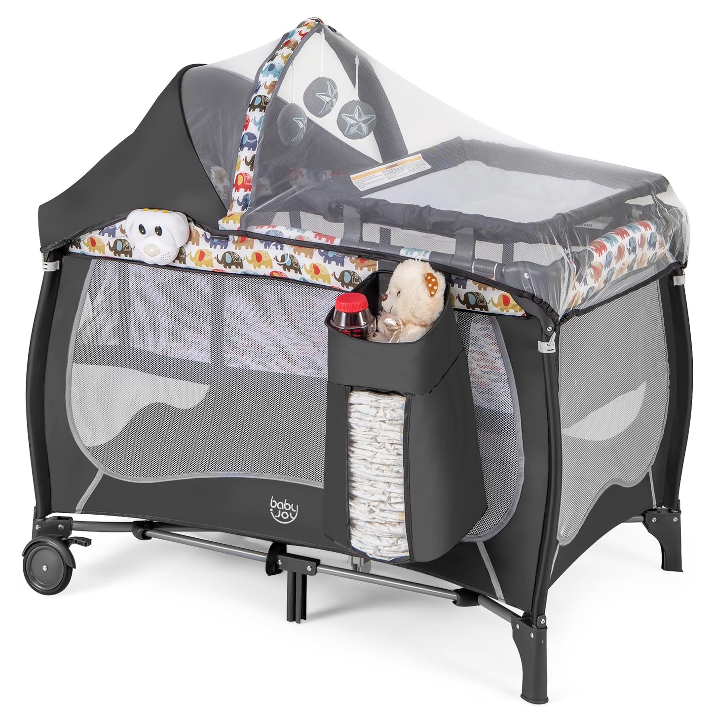 BABY JOY 4 in 1 Pack and Play with Canopy, Portable Baby Playard with Bassinet, Double-Layer Baby Crib, Wheels & Brake, Foldable Baby Girl Pink Bassinet from Newborn to Toddler