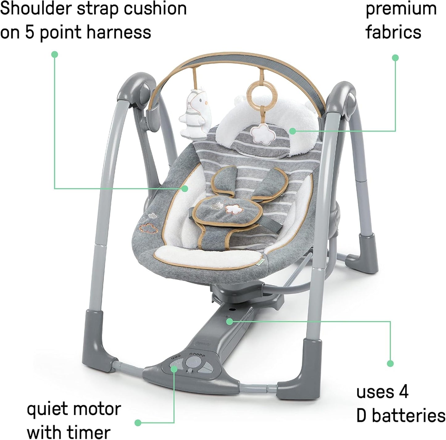 Ingenuity ConvertMe 2-in-1 Kompakte tragbare automatische Babyschaukel & Babysitz, batteriebetriebene Vibrationen, Naturgeräusche, 0-9 Monate 2,7-9 kg (Raylan)