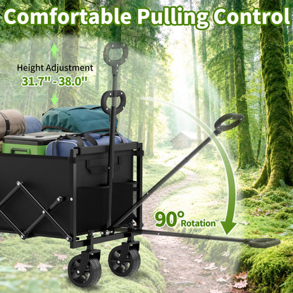 Extra Long Collapsible Wagon Cart, 480LBS Heavy Duty Utility Wagons with All-Terrain Wheels, Foldable Grocery Carts for Gardening, Shopping, Beach, Camping, Black