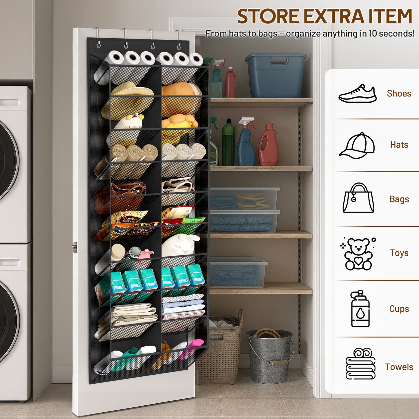 MISSLO 30 Pairs Over the Door Shoe Organizer Breathable Mesh Hanging Shoe Rack for Closet Storage with Wide Deep Pockets 10 Tier Shoes Holder Fit All the Family's Sneakers, Boots, Heels (White, 71")
