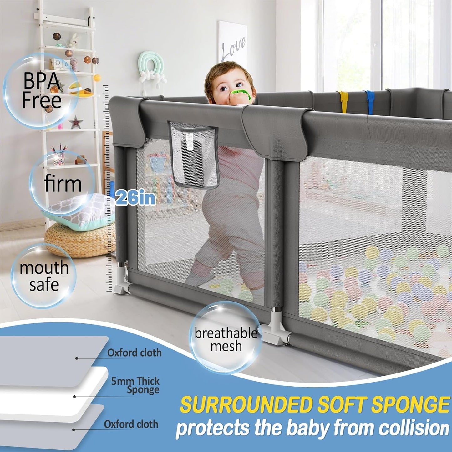 Palopalo Baby Laufgitter, 180x150cm Extra Großer Laufstall für Babys und Kleinkinder, Baby-Aktivitätszentrum mit 8 Saugnapfbasen, Baby-Laufstall mit Tür und weichem, atmungsaktivem Netz, Ohne Matte