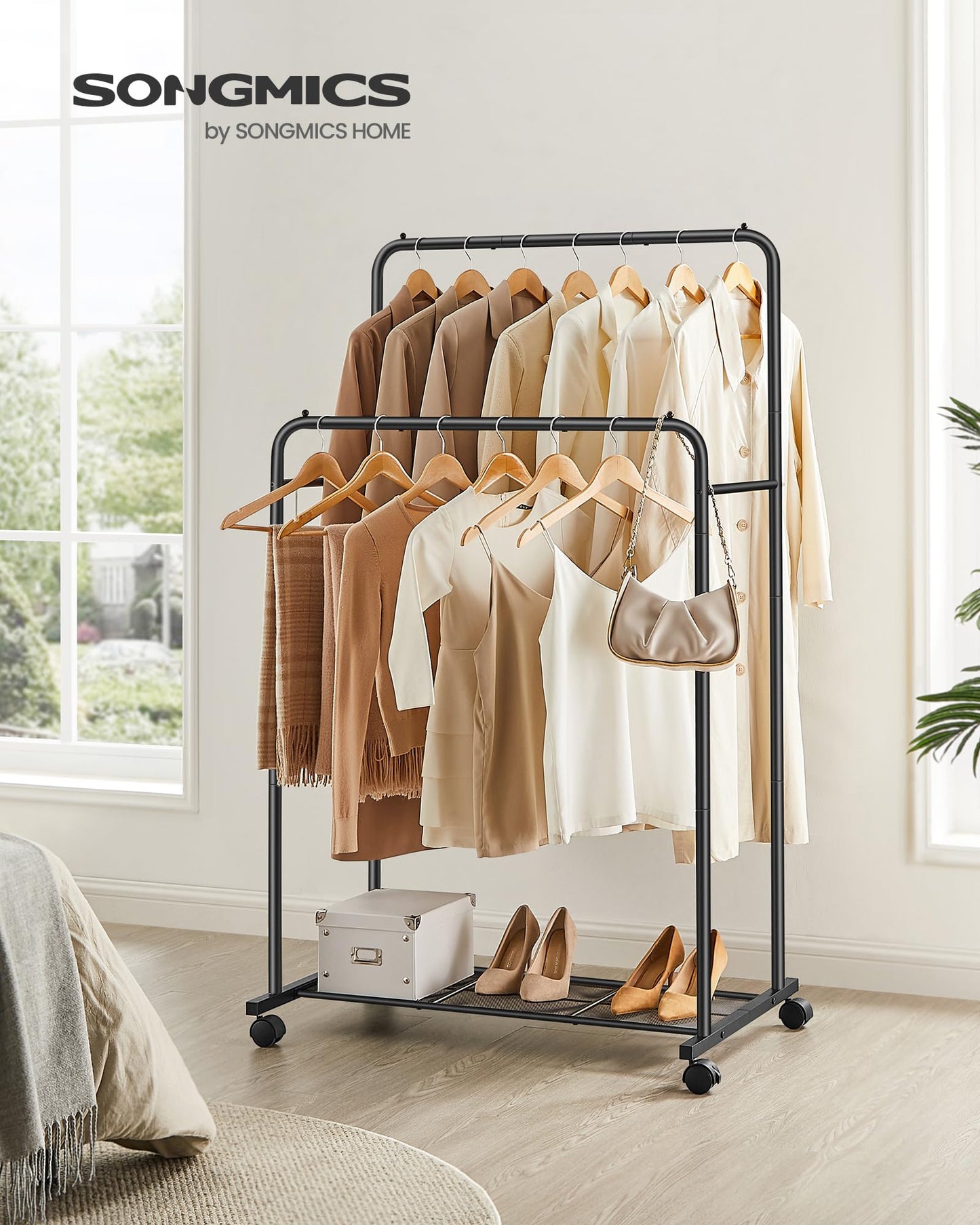 SONGMICS Clothes Rack with Wheels, Clothing Rack for Hanging Clothes, 25.4 mm Metal Garment Rack with Dense Mesh Storage Shelf, 110 lb Load Capacity, 2 Brakes, Black UHSR25BK