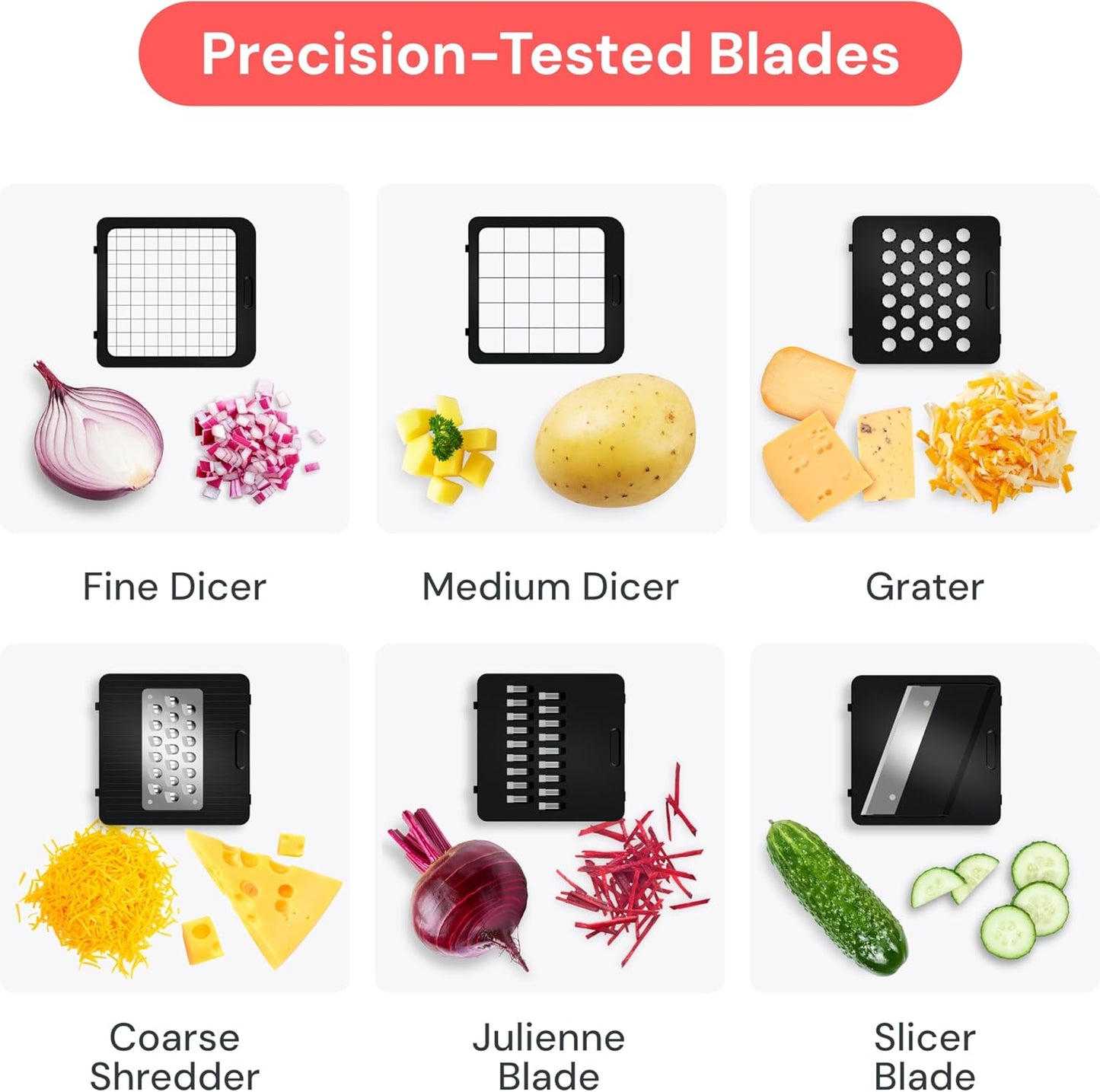 Fullstar Gemüsehacker und Mandolinenschneider - Julienne-Schneider, Würfelschneider, Reibe für Lebensmittel, Gemüse, Zwiebeln, Gurken, Tomaten, Salat, Kartoffeln, Käse - Küchenutensilien & Gadgets (Kompakt 6-in-1, Weiß)