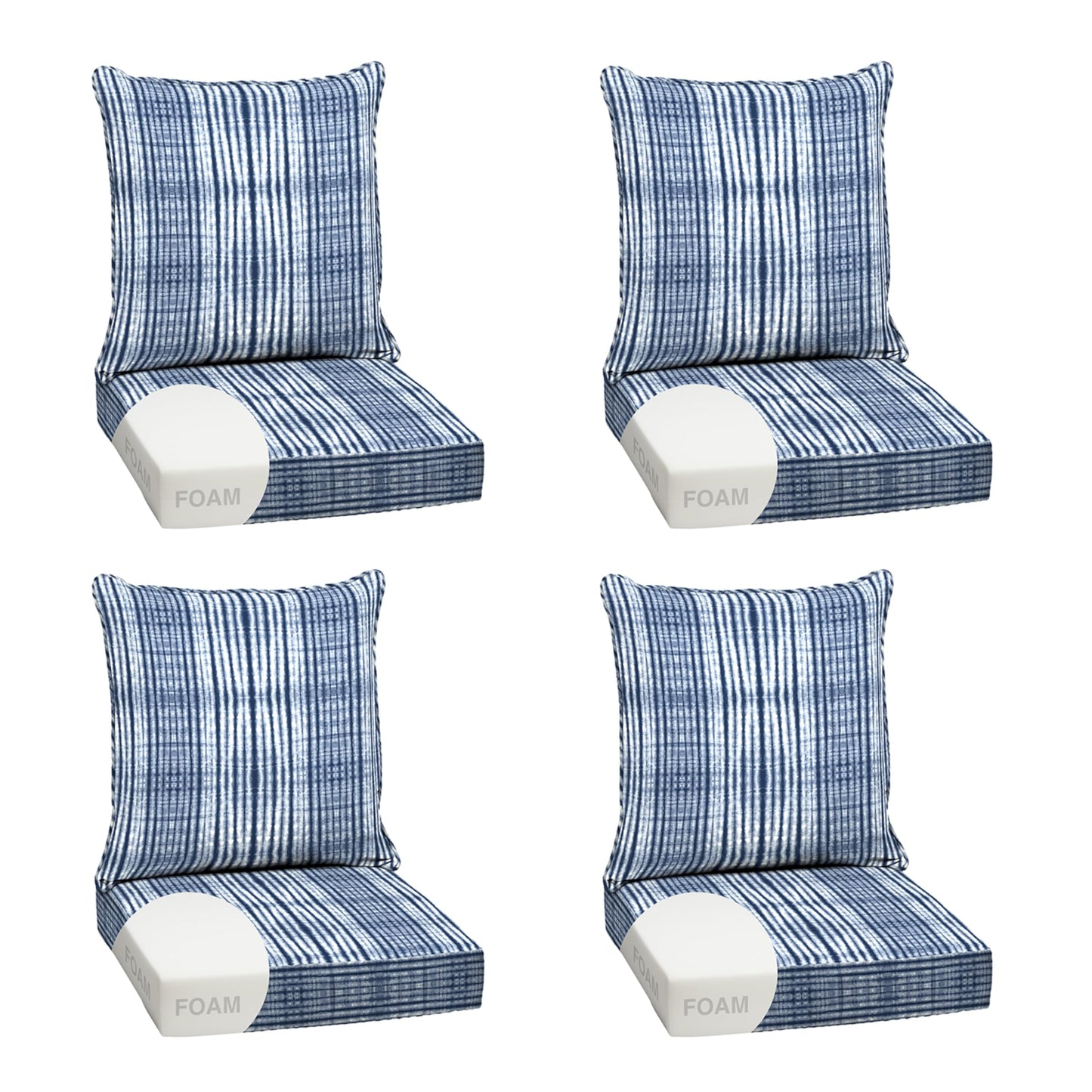 Arden Outdoor Foam Deep Seat Cushions Set, 24x24, Premium High-Density Foam, Never Flattens, Weather-Proof for Patio Chair Sofa Couch, Blue Shibori Stripe