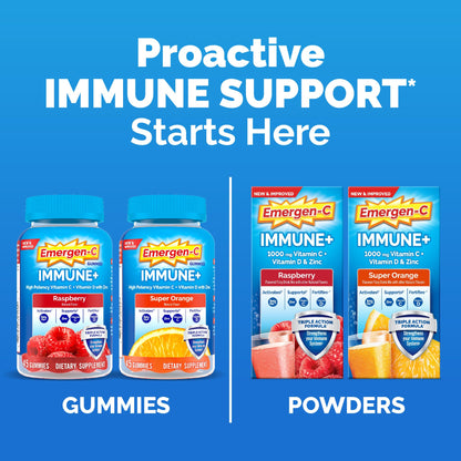 Emergen-C Immune+ Triple Action Immune Support Gummies, BetaVia (R), 1000mg Vitamin C, B Vitamins, Vitamin D and Antioxidants, Super Orange, Back to School Essentials - 45 Count (Pack of 12)