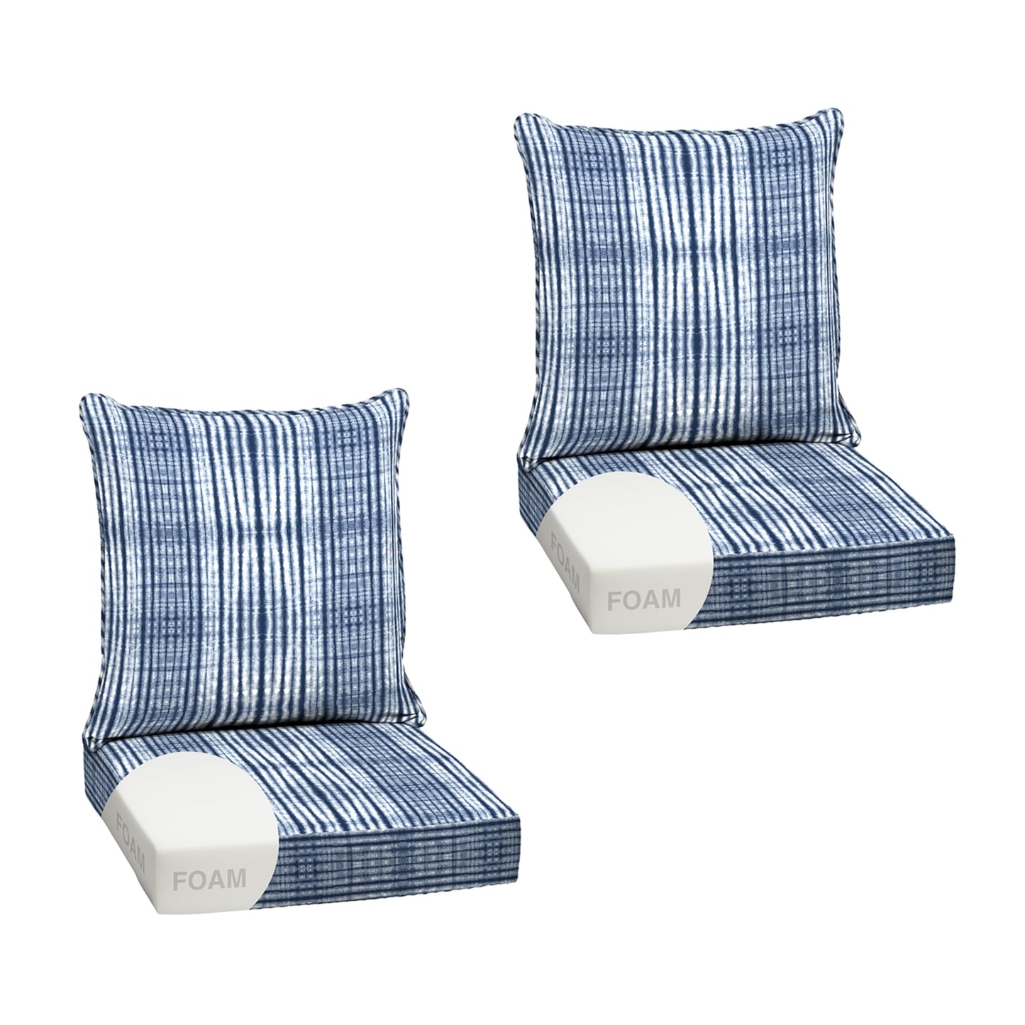 Arden Outdoor Foam Deep Seat Cushions Set, 24x24, Premium High-Density Foam, Never Flattens, Weather-Proof for Patio Chair Sofa Couch, Blue Shibori Stripe