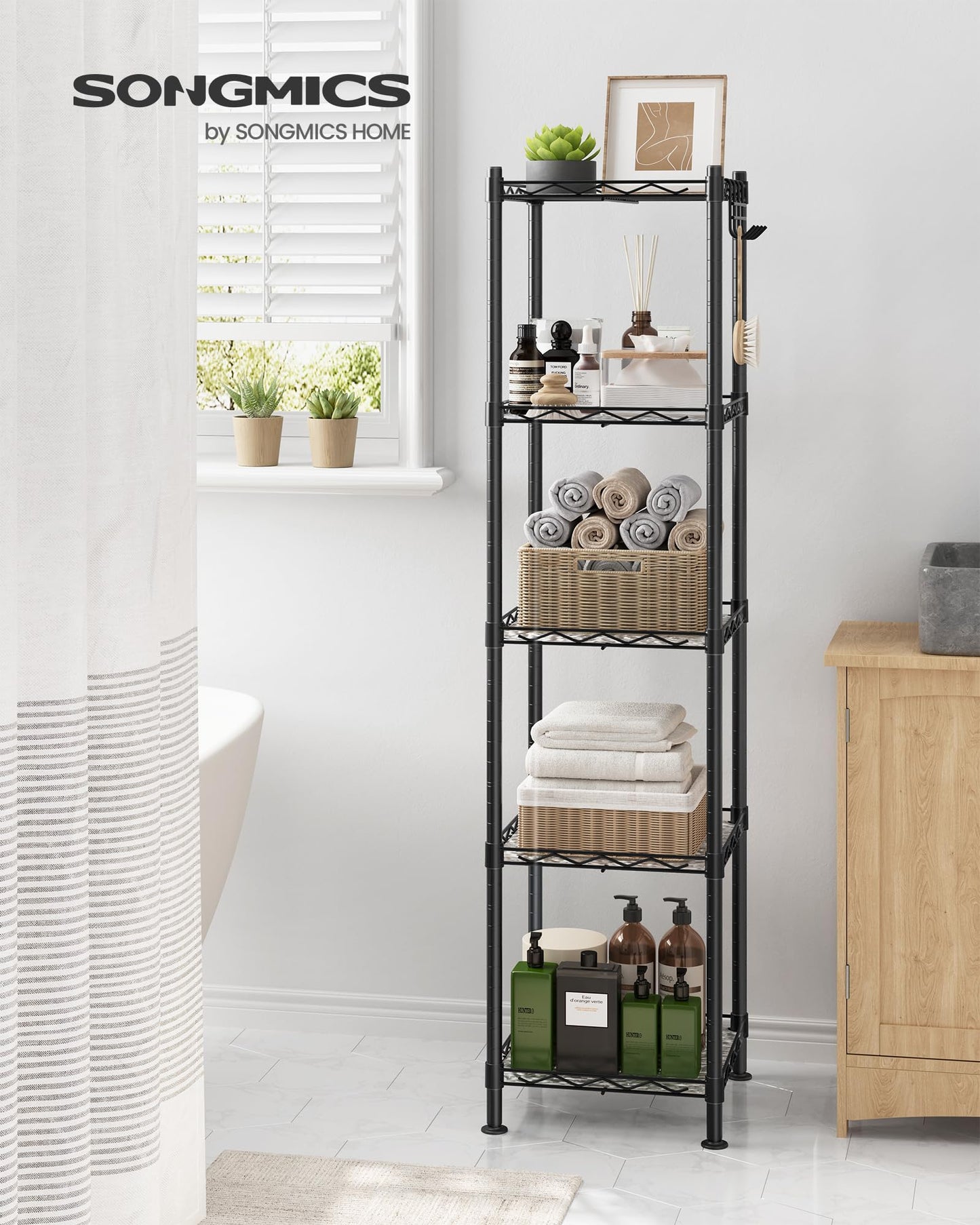 SONGMICS Storage Shelf, Small Metal Wire Shelving Unit, Adjustable Shelves, for Small Spaces, Garage, Bedroom, Living Room, Kitchen, Pantry, 5 Tier, 11.8 x 11.8 x 47.6 Inches, Ink Black ULGR123BH01