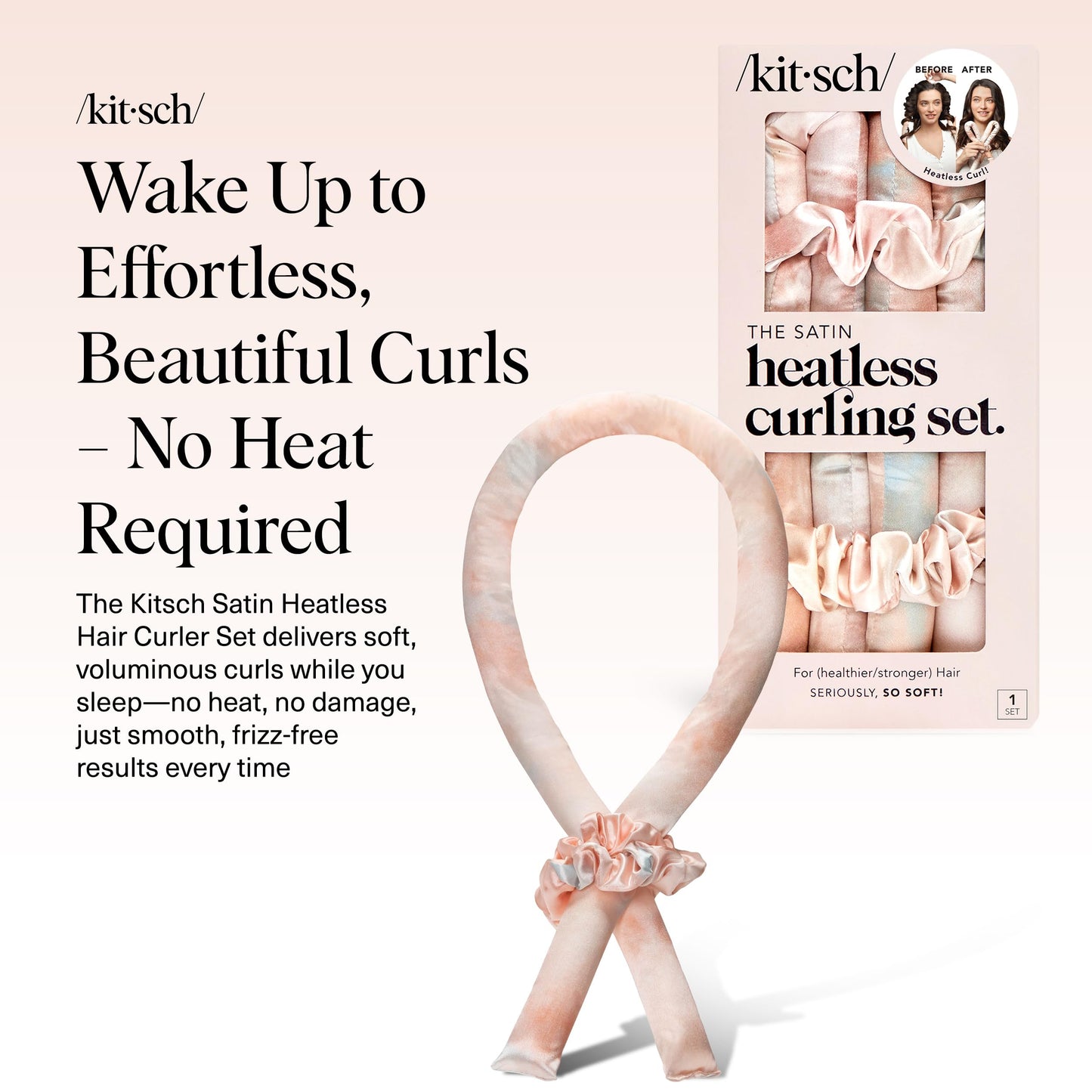 Kitsch Satin Heatless Lockenwickler Set – Hitzefreie Locken über Nacht mit 34" Haarwickler & 2 Satin Scrunchies – Bequeme Haarwickler zum Schlafen für frizzfreies, hitzefreies Styling – Sunset Tie Dye