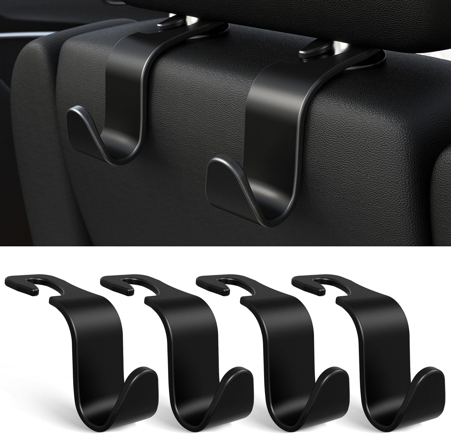 Amooca 4-Pack Car Headrest Hooks Vehicle Storage Organizer for Purses Handbags Groceries Backpack Coats –Holds 55lbs 360° Rotating Black