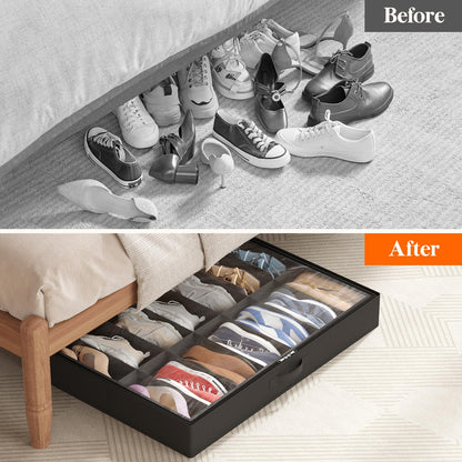 Lifewit Under Bed Shoe Storage Organizer 2 Pack(12 Shoes Cells), 4.3 Inches Profile Fabric Shoes Container Box with Clear Cover, Foldable Storage Bag with 2 Handles, Fits 12 to 24 Pairs