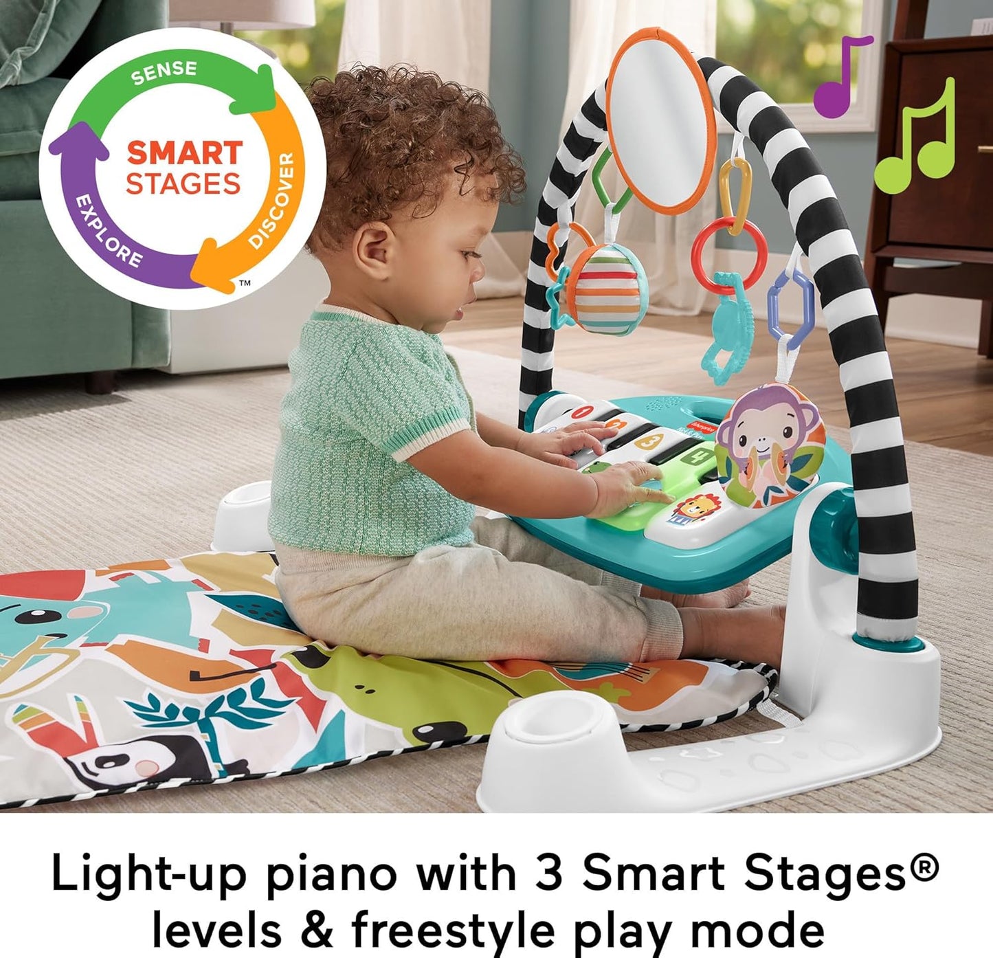 Fisher-Price Baby-Spielmatte „Glow and Grow Kick & Play Piano Gym“, blaues musikalisches Lernspielzeug mit Entwicklungsaktivitäten für Neugeborene ab 0 Monaten