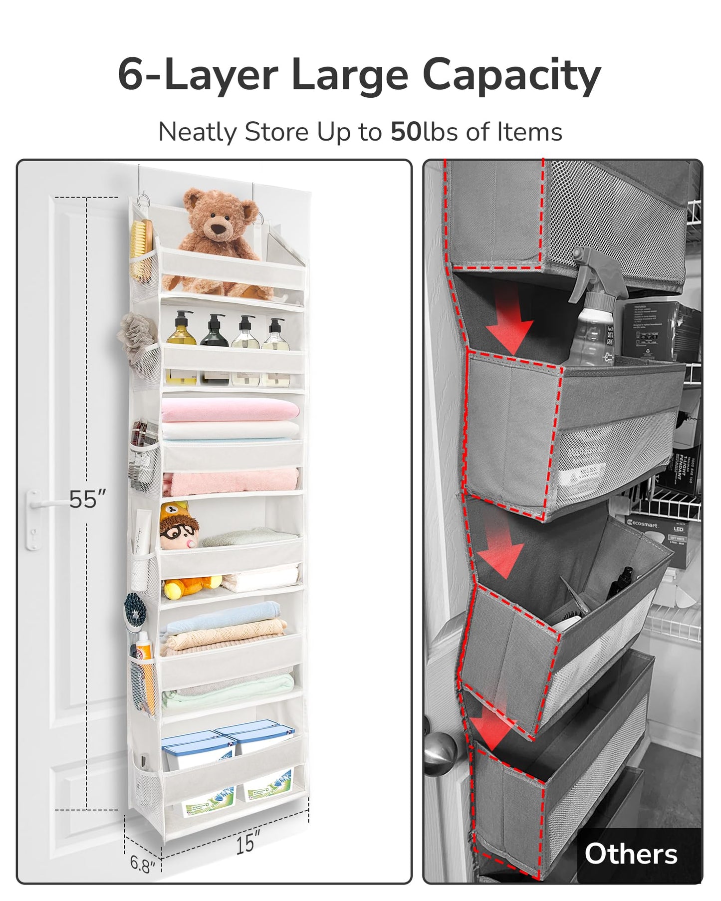 ULG Over The Door Organizer with 6 Large Pockets 12 Side Pockets, 50lbs Weight Capacity Door Hanging Organizer for Bedroom, Bathroom, Pantry, Nursery Storage, Beige
