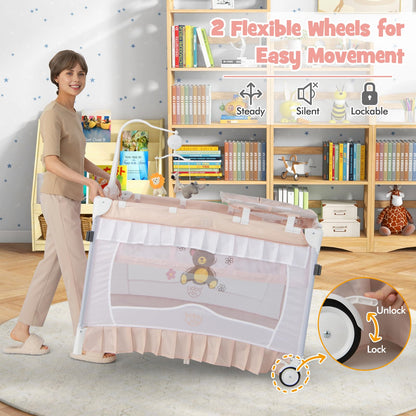 BABY JOY 4 in 1 Pack and Play with Canopy, Portable Baby Playard with Bassinet, Double-Layer Baby Crib, Wheels & Brake, Foldable Baby Girl Pink Bassinet from Newborn to Toddler