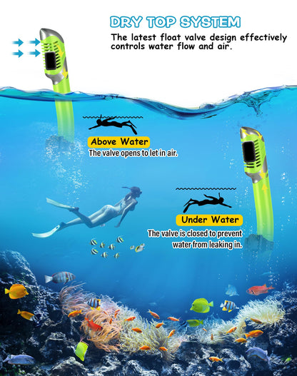 Greatever Dry Snorkel Set,Panoramic Wide View Anti-Fog Scuba Diving Mask,Professional Snorkeling Gear for Adults Kids
