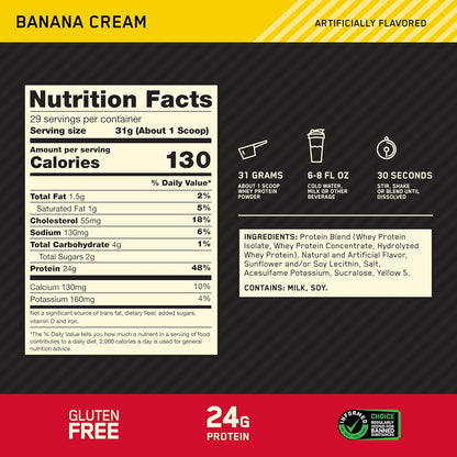 OPTIMUM NUTRITION Gold Standard 100% Whey Protein Powder, Banana Cream, 907g - [packaging may vary]