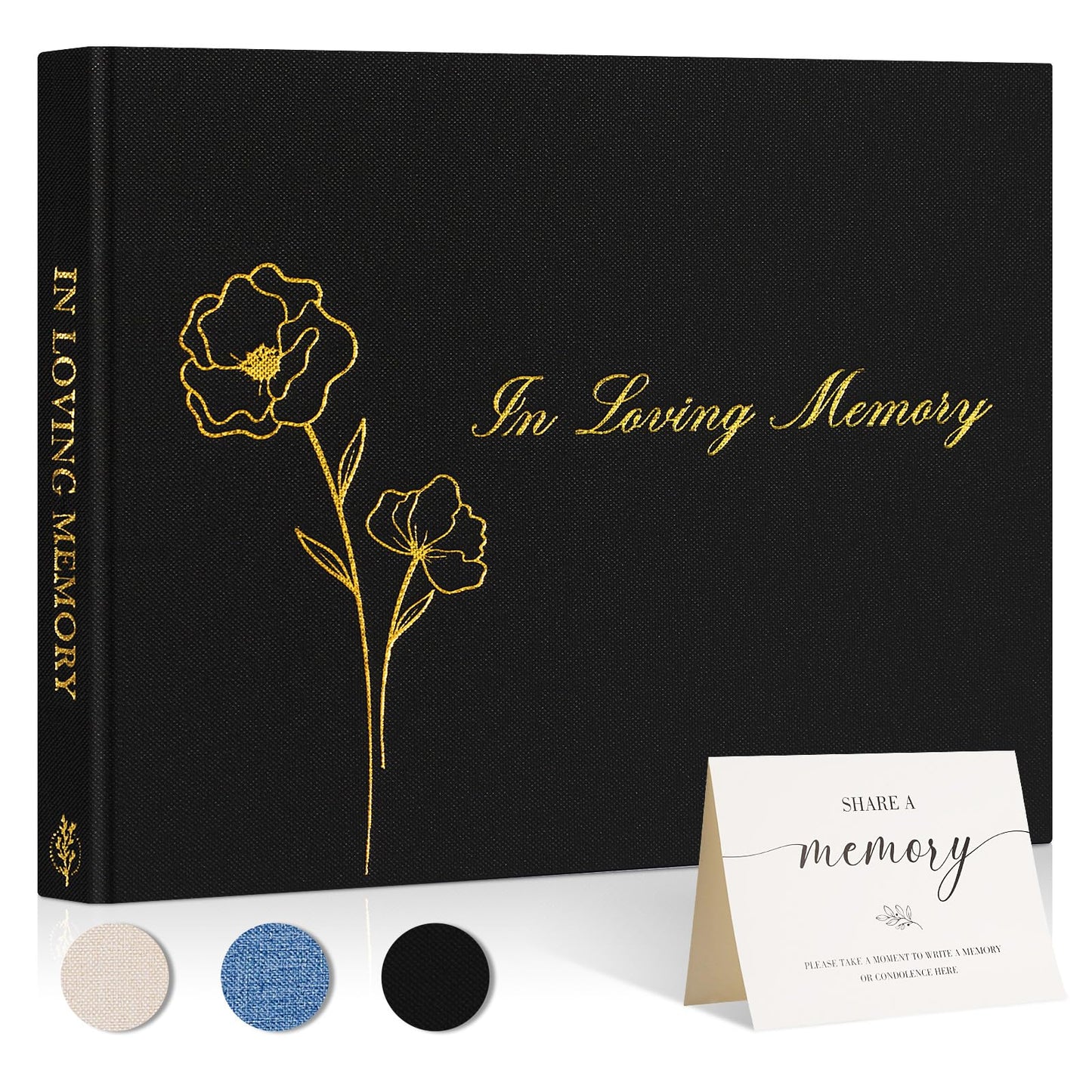 Lanpn Funeral Guest Book for Loving Memory, Linen Memorial Service Registry Guest Book, Funeral Favors Sign in Books for Guests, Celebration of Life Memory Book for Funeral with Table Sign, Black