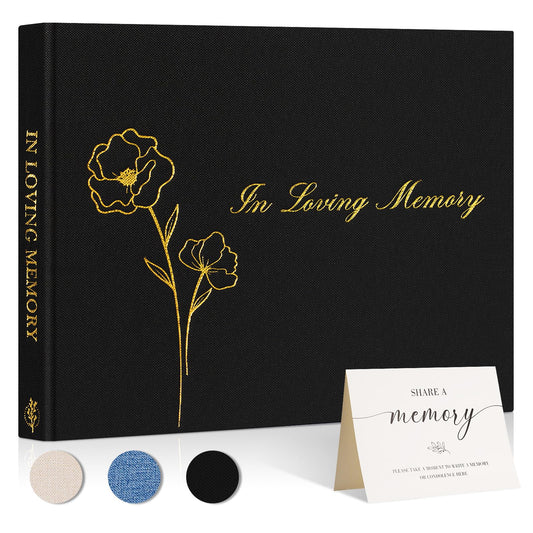 Lanpn Funeral Guest Book for Loving Memory, Linen Memorial Service Registry Guest Book, Funeral Favors Sign in Books for Guests, Celebration of Life Memory Book for Funeral with Table Sign, Black