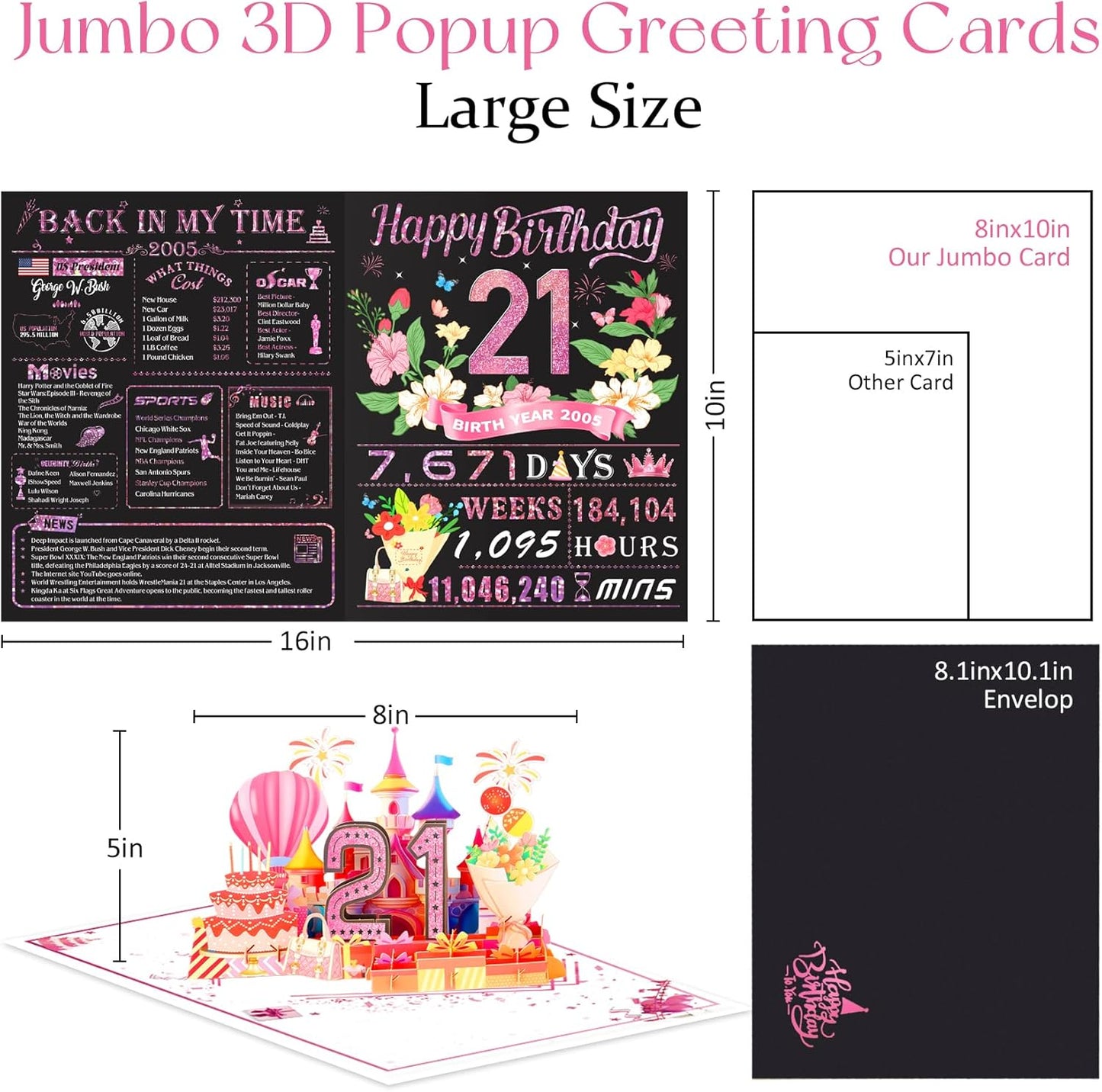 21st Birthday Card,3D Pop Up Funny 21st Birthday Decorations for Girls Granddaughter Sister,Happy 21 Year Old Birthday Gift for Daughter,Great 21Year Old Gifts Idea for Her,Jumbo Rose Glod In 2005