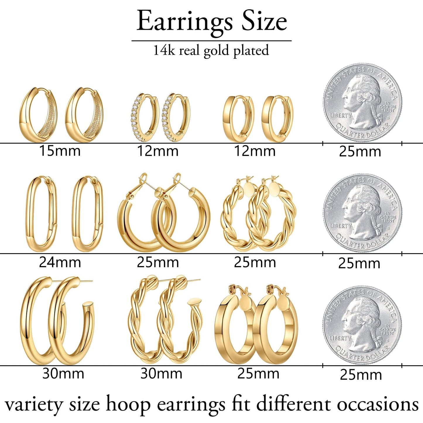 Yesteel 9 Pairs Gold Hoop Earrings for Women, 14K Real Gold Plated Chunky Hoop Earrings Set for Women Hypoallergenic Thick Lightweight Earring for Womens Jewelry Gifts