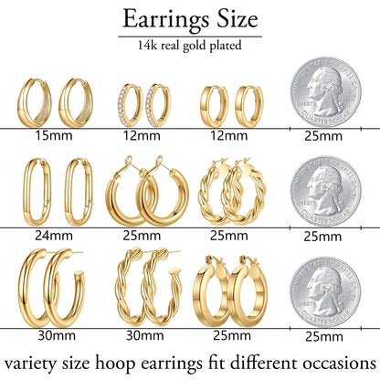Yesteel 9 Pairs Gold Hoop Earrings for Women, 14K Real Gold Plated Chunky Hoop Earrings Set for Women Hypoallergenic Thick Lightweight Earring for Womens Jewelry Gifts