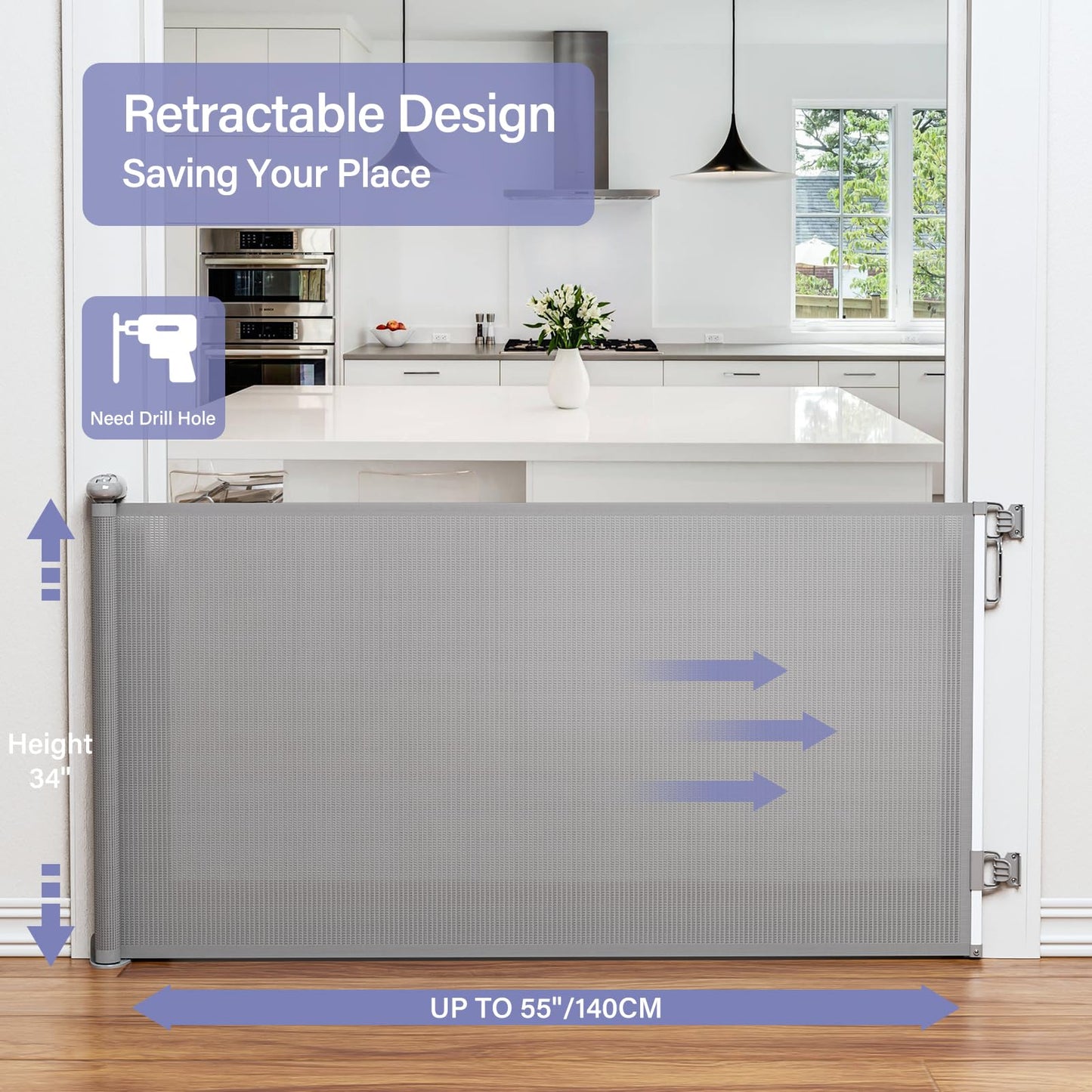 Retractable Baby Gates No Drilling, PRObebi Retractable Dog Gate for the House Extends to 54" Wide 33" Tall, Gates for Baby Indoor, Stair Gate for Outdoor, Staris, Hallways, Doorways, Deck, Porch