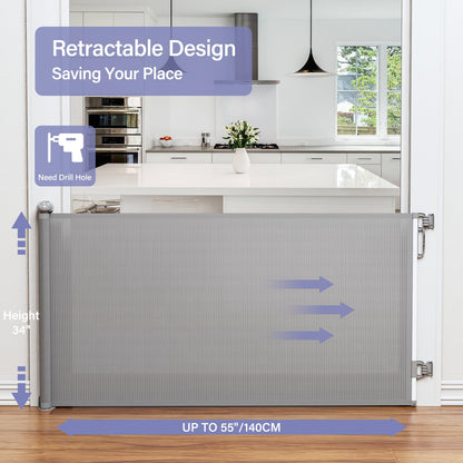 Retractable Baby Gates No Drilling, PRObebi Retractable Dog Gate for the House Extends to 54" Wide 33" Tall, Gates for Baby Indoor, Stair Gate for Outdoor, Staris, Hallways, Doorways, Deck, Porch