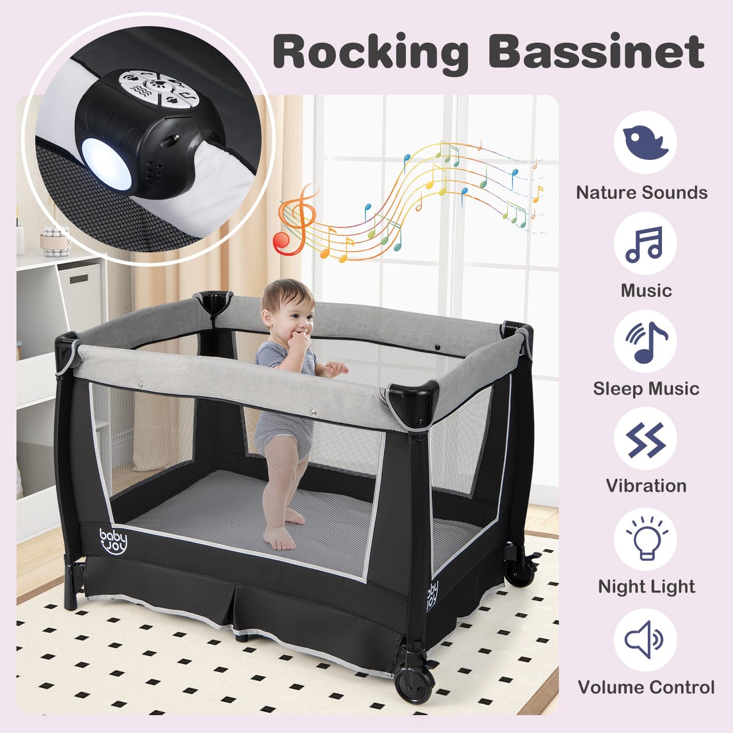 BABY JOY 5 in 1 Pink Pack and Play, Portable Baby Playard with Bassinet & Changing Table, Infant Pink Girl Bassinet Center w/Hangings & Music & Oxford Bag for Baby Toddlers (Rose, Dot Circle)