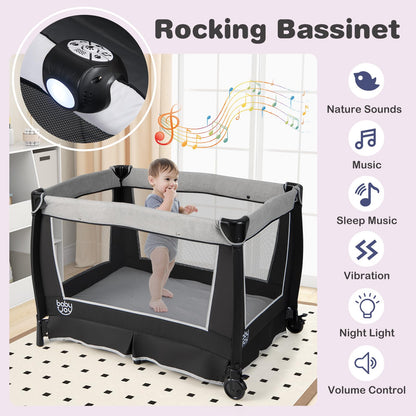 BABY JOY 5 in 1 Pink Pack and Play, Portable Baby Playard with Bassinet & Changing Table, Infant Pink Girl Bassinet Center w/Hangings & Music & Oxford Bag for Baby Toddlers (Rose, Dot Circle)