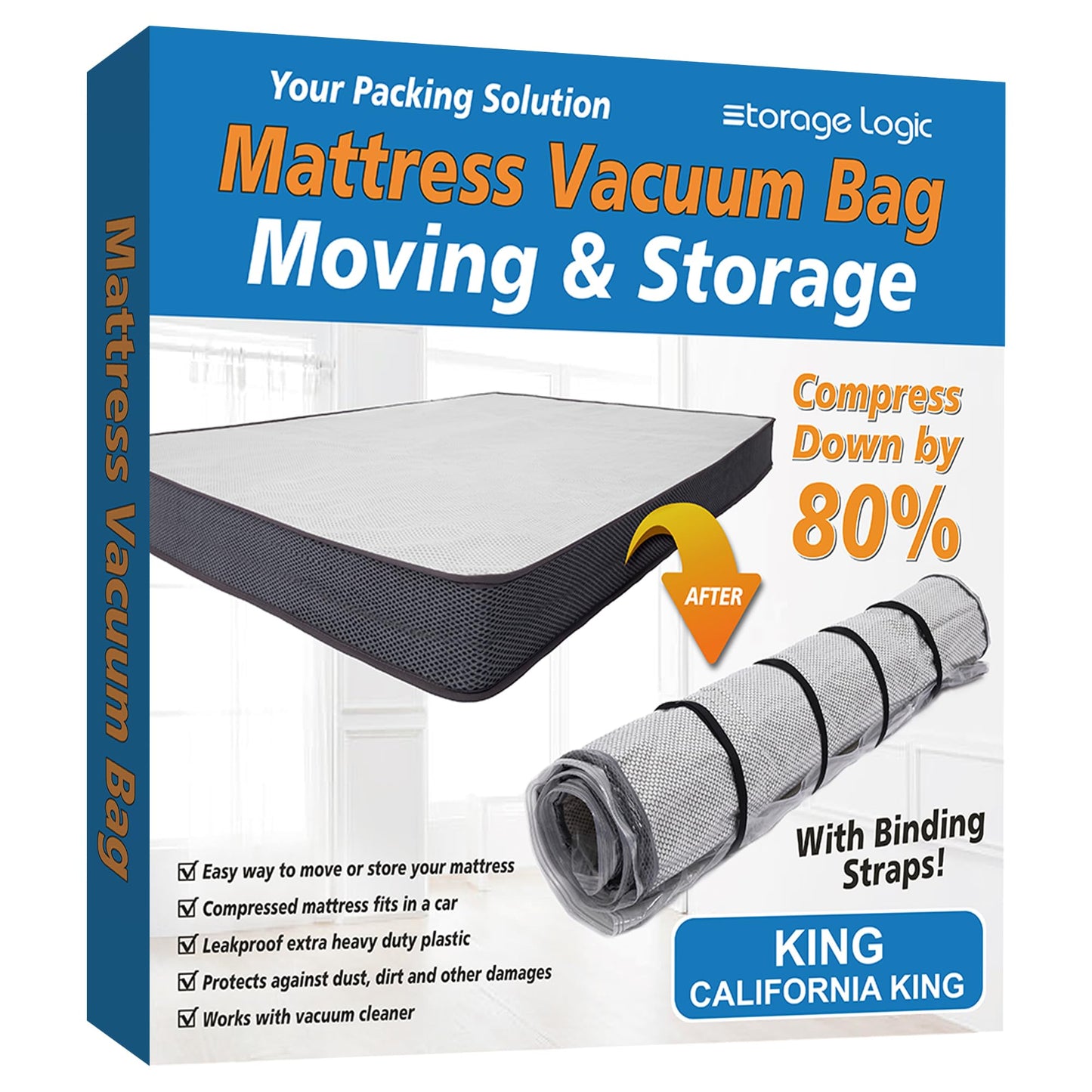 Storage Logic Foam Mattress Vacuum Bag with 4 Adjustable Packing Straps for Moving, Storage, Shipping, Vacuum Seal Mattress Bag with Packaging Straps (Queen/Full/Full-XL)