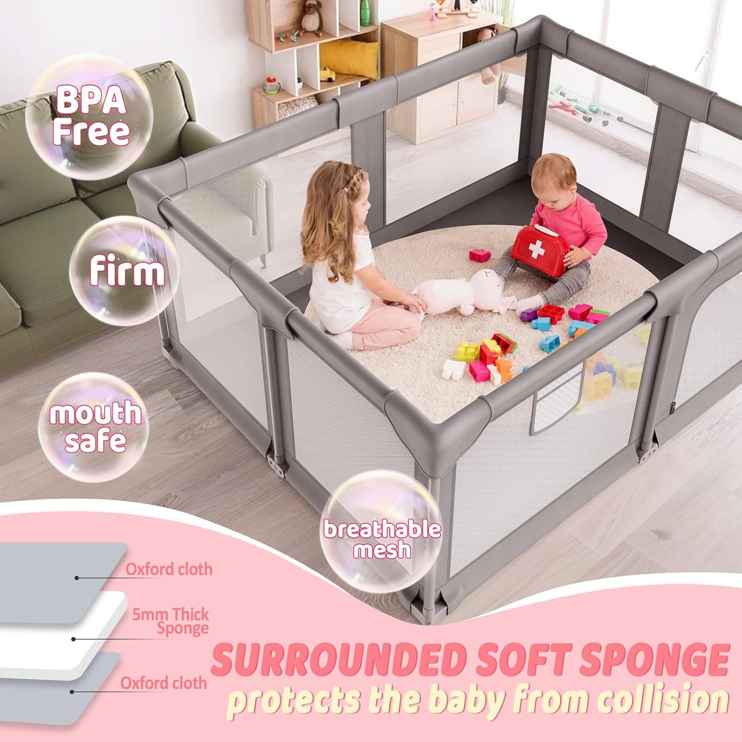 Palopalo Baby Laufgitter, 180x150cm Extra Großer Laufstall für Babys und Kleinkinder, Baby-Aktivitätszentrum mit 8 Saugnapfbasen, Baby-Laufstall mit Tür und weichem, atmungsaktivem Netz, Ohne Matte